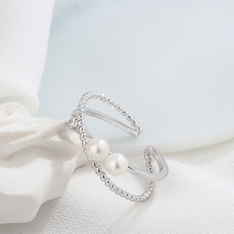 Womens Adjustable Finger Ring Geometric Cross Pearl Silver