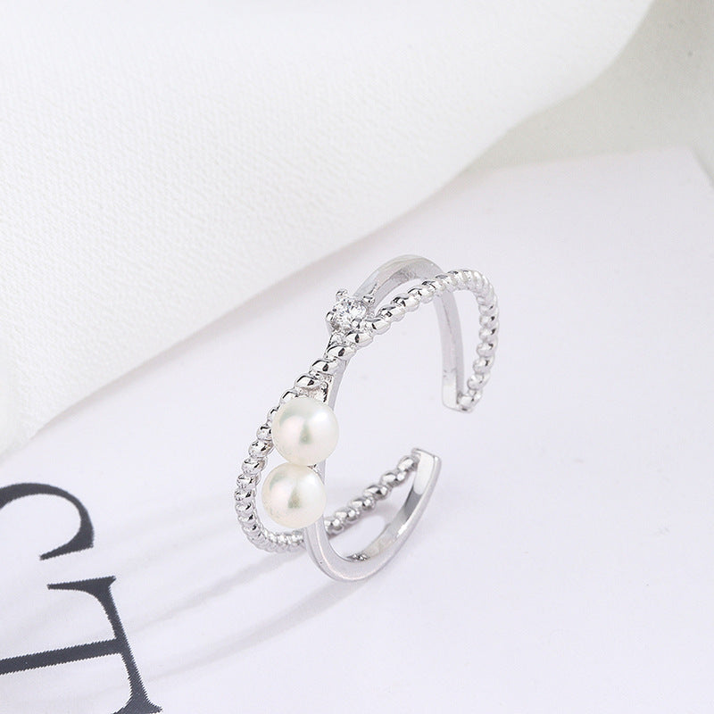 Womens Adjustable Finger Ring Geometric Cross Pearl Silver