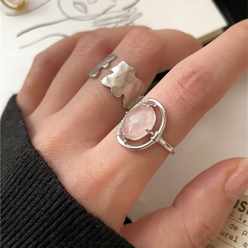 Women's 925 Sterling Silver Crystal Peach Blossom Ring Geometric Floral Retro Style Jewelry Elegant Jewel Ring