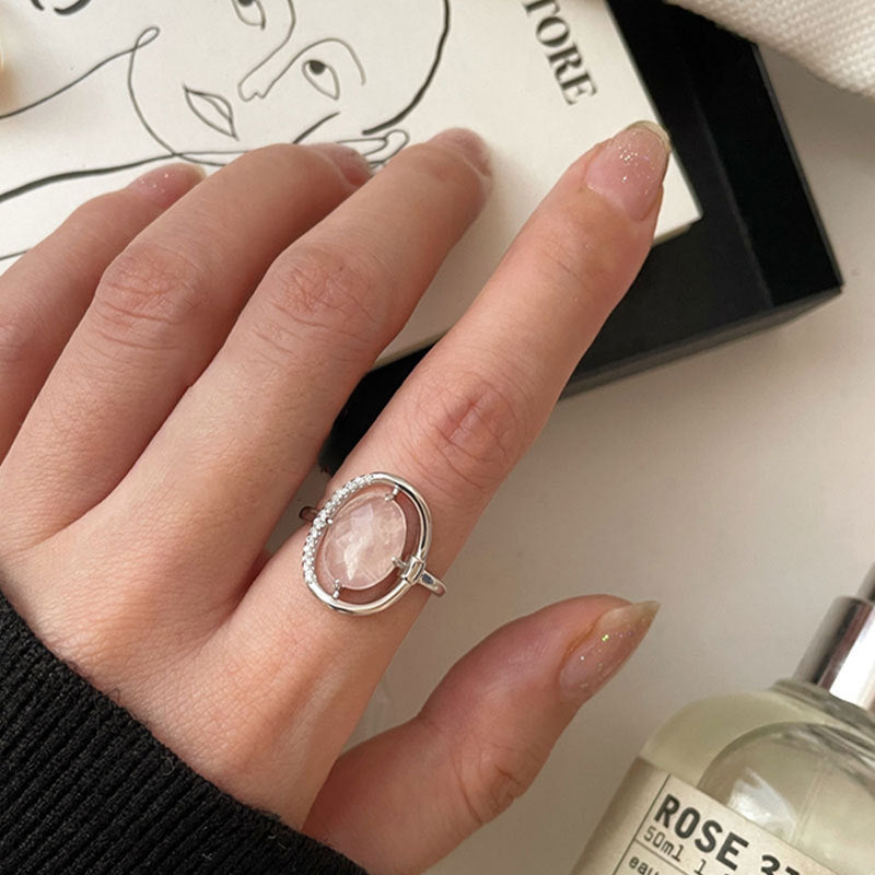 Women's 925 Sterling Silver Crystal Peach Blossom Ring Geometric Floral Retro Style Jewelry Elegant Jewel Ring