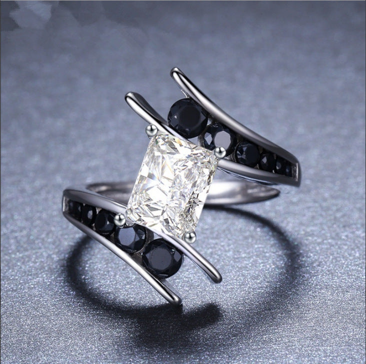 Geometric Metal Alloy Ring With Square Zircon Inlay Electroplated Finish Unisex Design Band Fashion Accessory Style