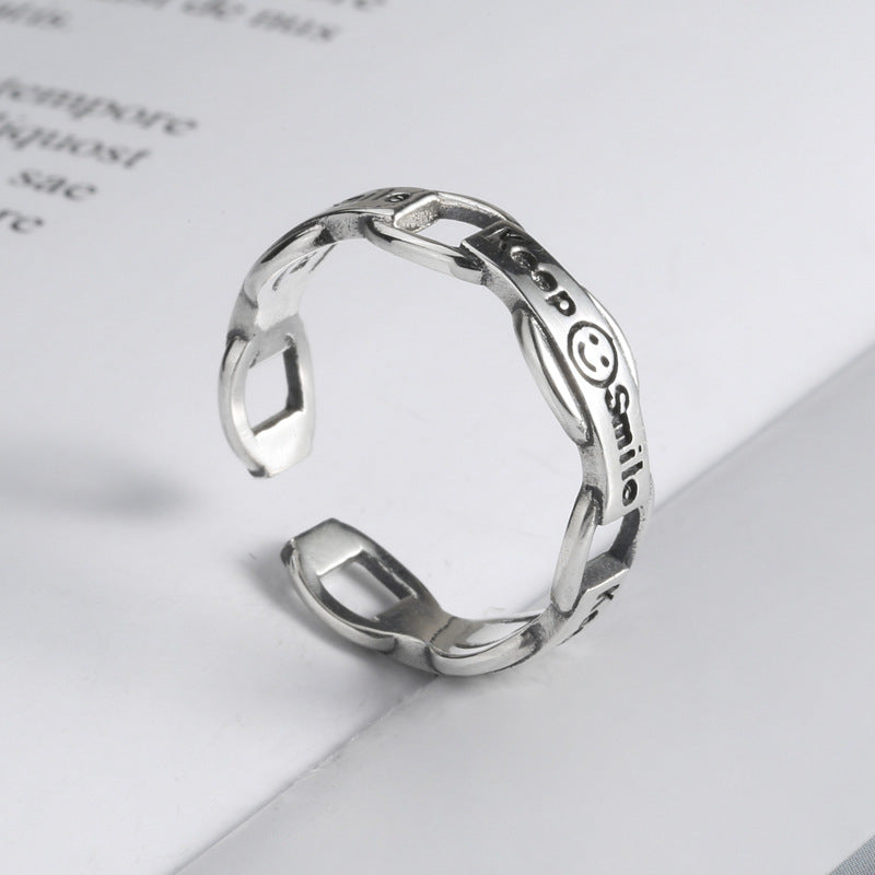 Sterling Silver Smiley Face Ring Retro Design Adjustable 925 Silver Thai Finish Letter Ring For Women Elegant Charm