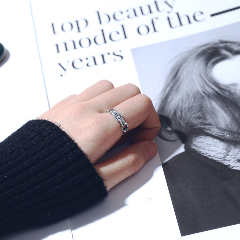 Sterling Silver Smiley Face Ring Retro Design Adjustable 925 Silver Thai Finish Letter Ring For Women Elegant Charm