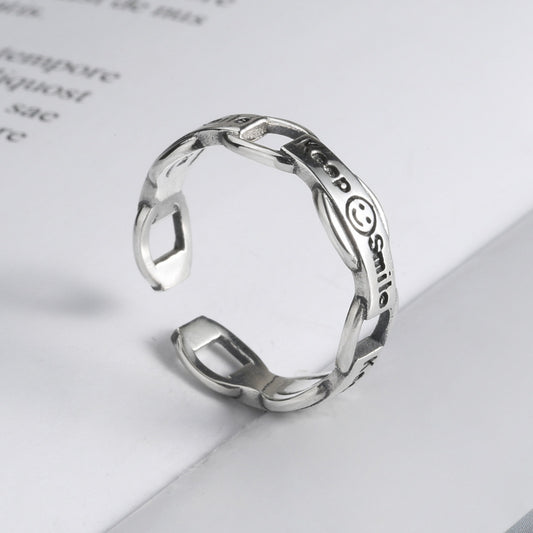 Sterling Silver Smiley Face Ring Retro Design Adjustable 925 Silver Thai Finish Letter Ring For Women Elegant Charm