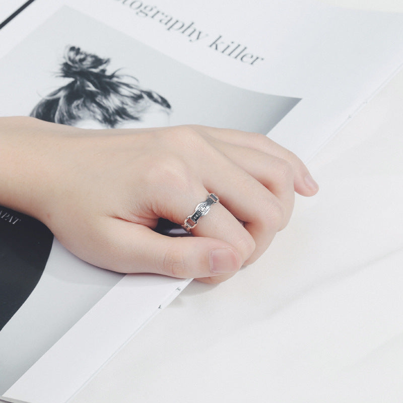 Sterling Silver Smiley Face Ring Retro Design Adjustable 925 Silver Thai Finish Letter Ring For Women Elegant Charm