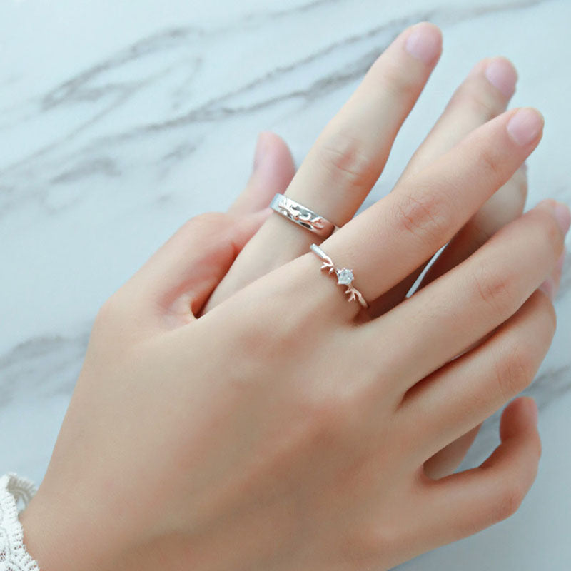 Sterling Silver Couple Rings Adjustable Deer Design Wedding Bands for Him and Her 925 for Couples and Weddings