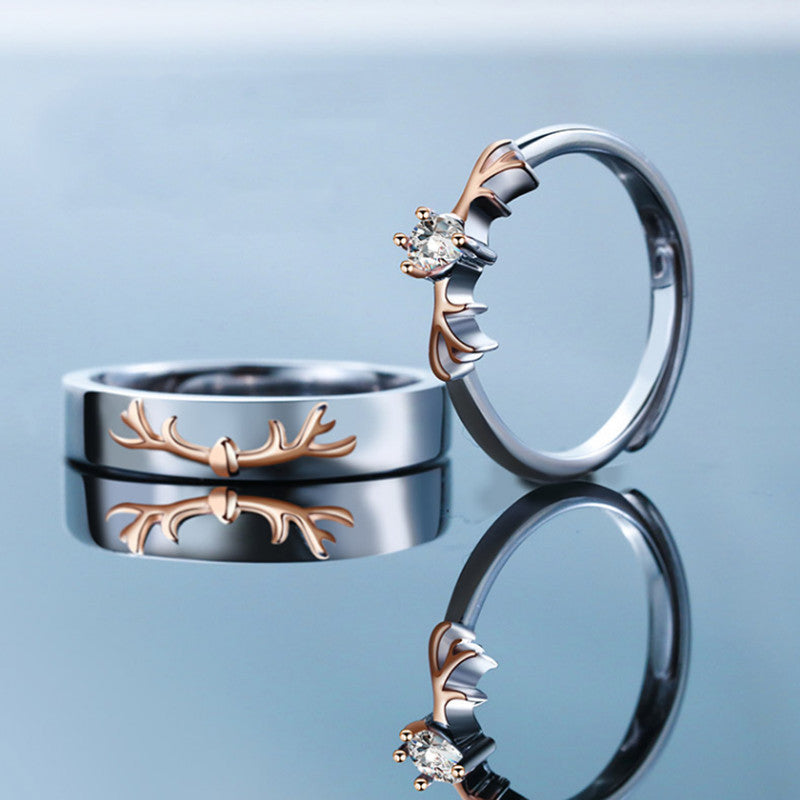 Sterling Silver Couple Rings Adjustable Deer Design Wedding Bands for Him and Her 925 for Couples and Weddings