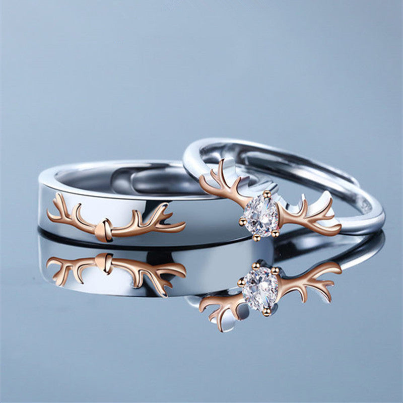 Sterling Silver Couple Rings Adjustable Deer Design Wedding Bands for Him and Her 925 for Couples and Weddings