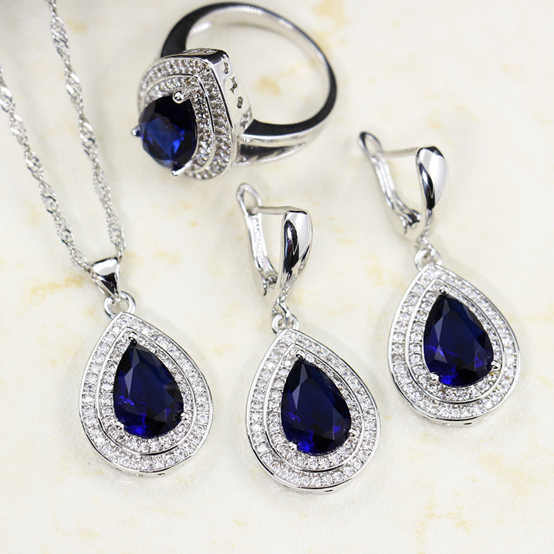 Crystal Zircon Pendant Necklace And Ring Set Water Drop
