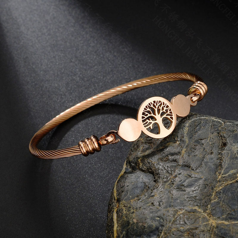 Unisex Stainless Steel Bracelet Hollow Tree of Life Bangle With Floral Design Gold And Rose Gold Finish Jewelry