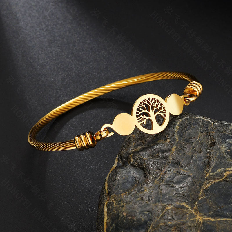 Unisex Stainless Steel Bracelet Hollow Tree of Life Bangle With Floral Design Gold And Rose Gold Finish Jewelry