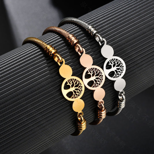Unisex Stainless Steel Bracelet Hollow Tree of Life Bangle With Floral Design Gold And Rose Gold Finish Jewelry