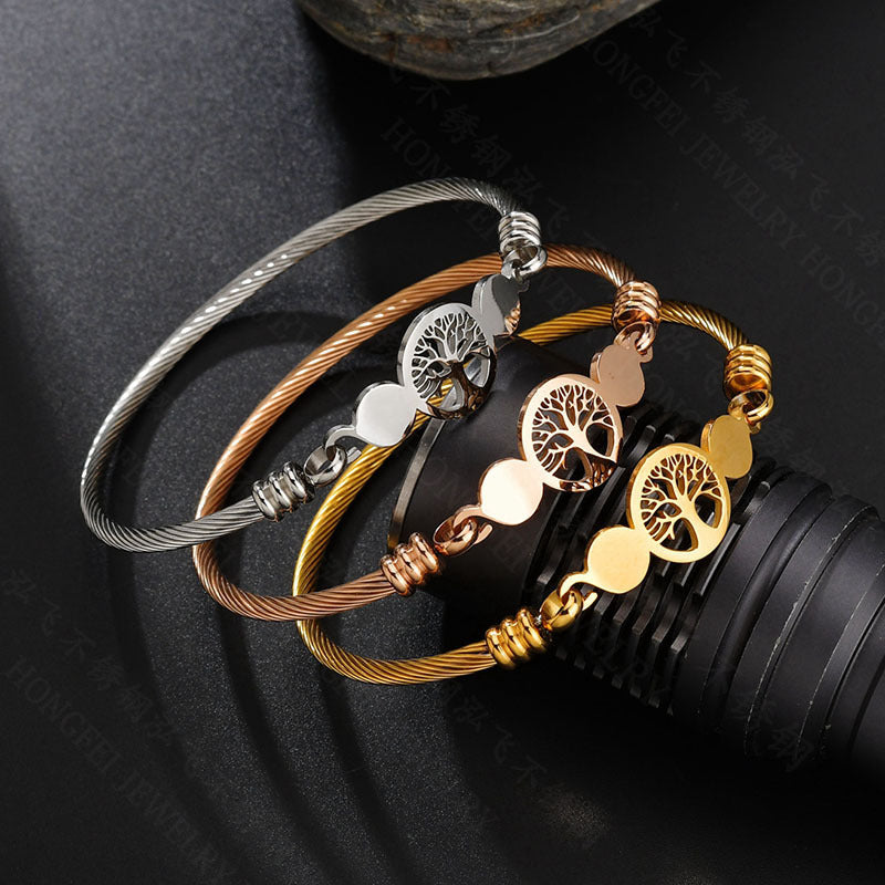 Unisex Stainless Steel Bracelet Hollow Tree of Life Bangle With Floral Design Gold And Rose Gold Finish Jewelry