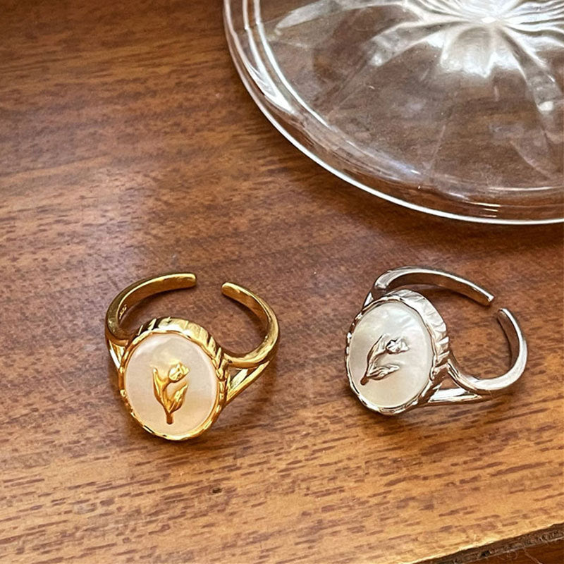 925 Sterling Silver Ring Tulip Shell Flower Elegant Retro Romantic Adjustable Jewelry Gift for Women Gift Idea