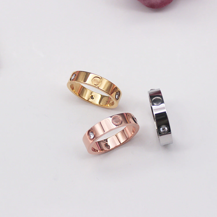 Titanium Steel Couple Ring With Screw Design Gem Inlay