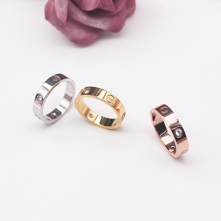 Titanium Steel Couple Ring With Screw Design Gem Inlay
