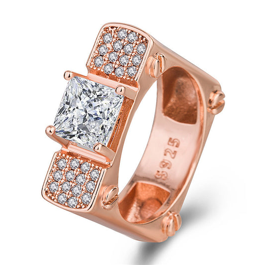 Square Diamond Rose Gold Plated Geometric Ring Electroplated Copper Inlaid White Gold Gems Accents Sizes 6 7 8