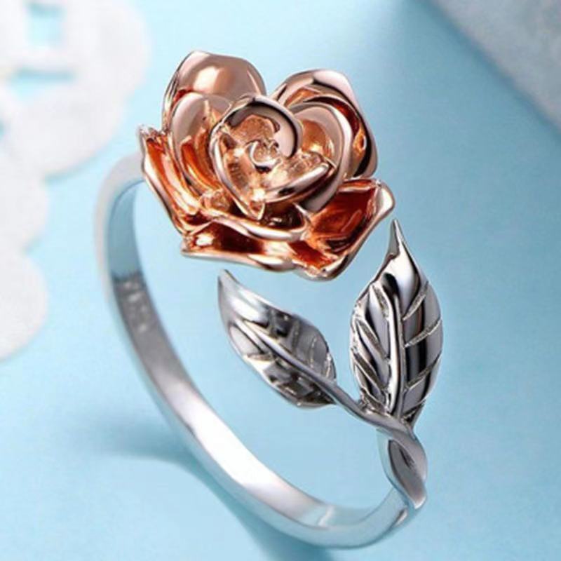Womens Flower Ring Adjustable Opening Two Tone Rose Gold Silver Plated Alloy Ring Floral Design Jewelry Dainty