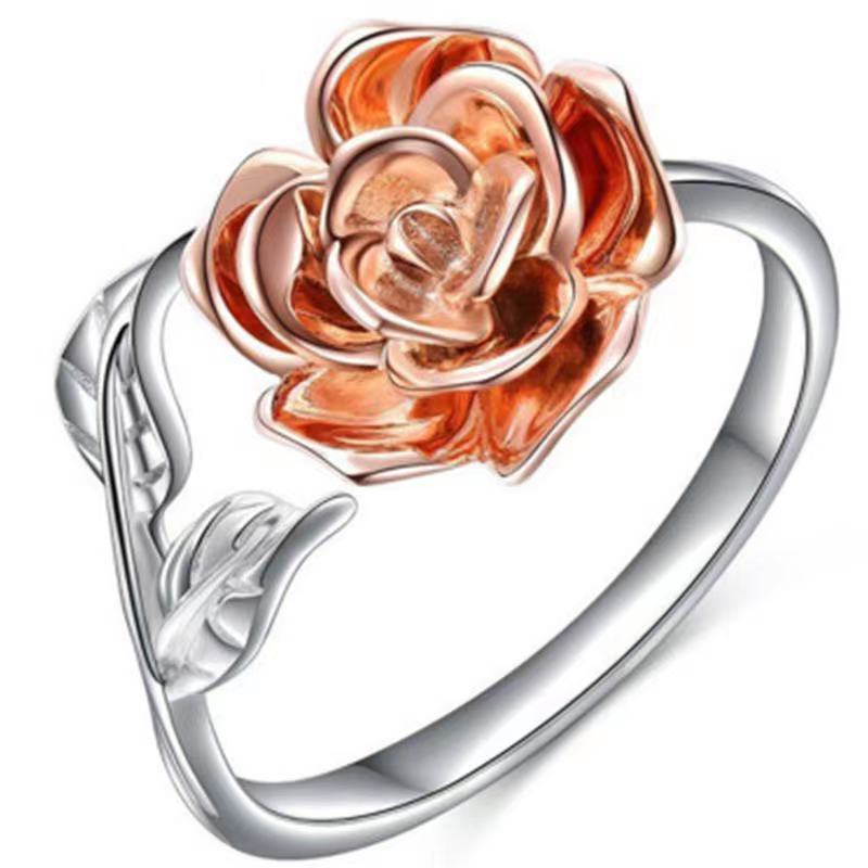 Womens Flower Ring Adjustable Opening Two Tone Rose Gold Silver Plated Alloy Ring Floral Design Jewelry Dainty