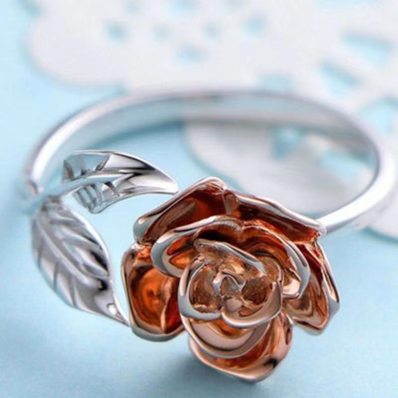Womens Flower Ring Adjustable Opening Two Tone Rose Gold Silver Plated Alloy Ring Floral Design Jewelry Dainty