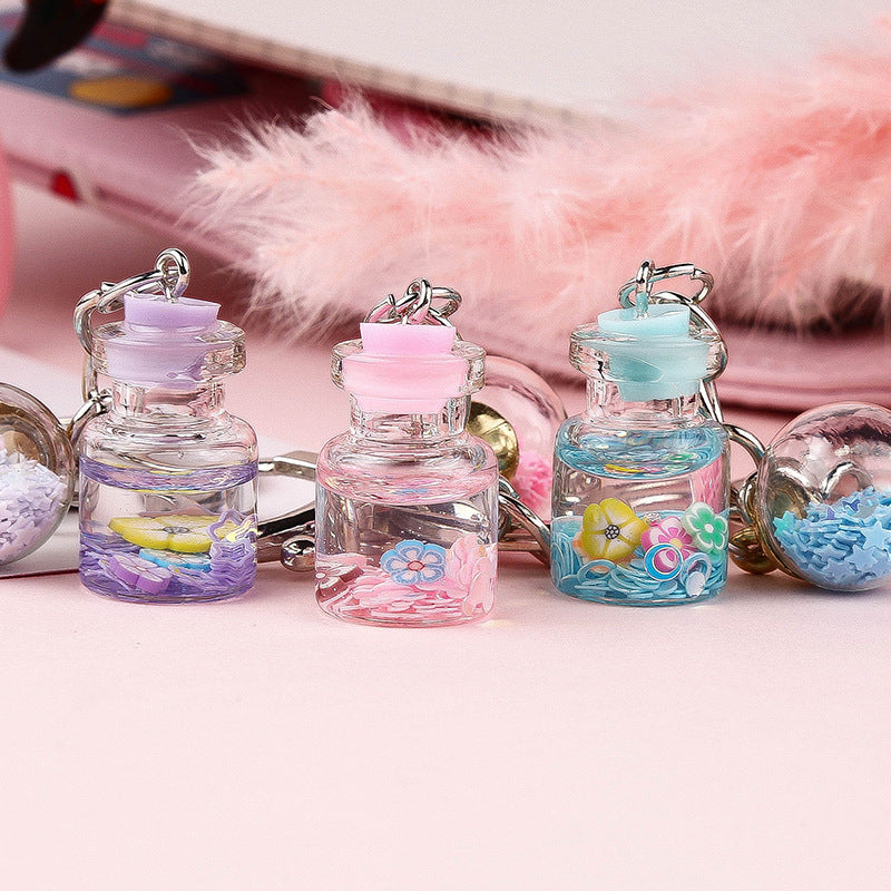 Unisex Bottle Keychain With Flower Quicksand Cute Keyring Metal Glass Accessory Individually Packed Gift Ready