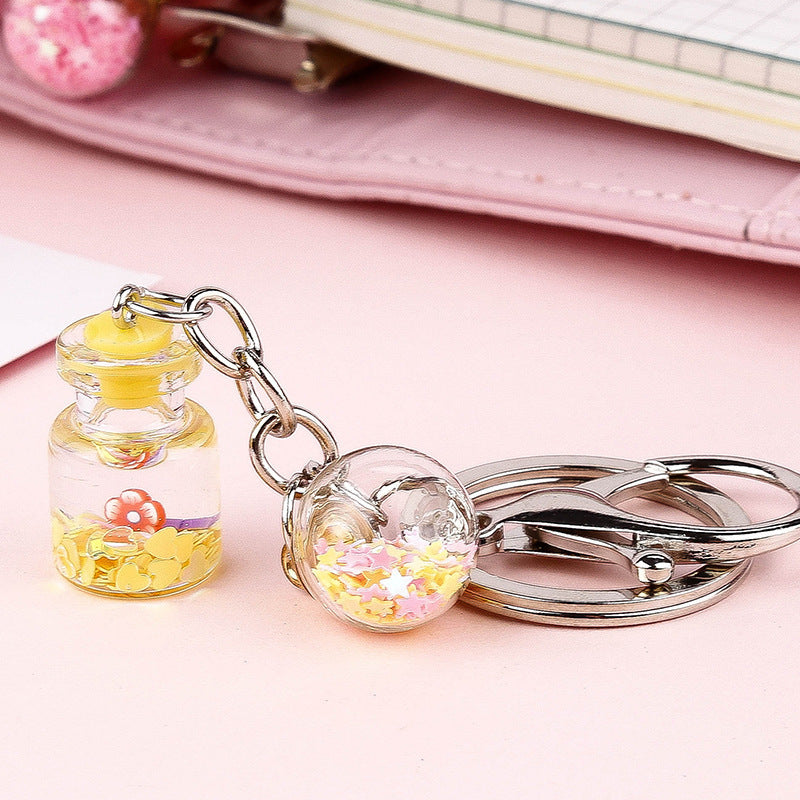 Unisex Bottle Keychain With Flower Quicksand Cute Keyring Metal Glass Accessory Individually Packed Gift Ready