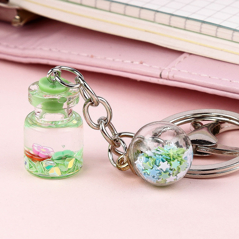 Unisex Bottle Keychain With Flower Quicksand Cute Keyring Metal Glass Accessory Individually Packed Gift Ready