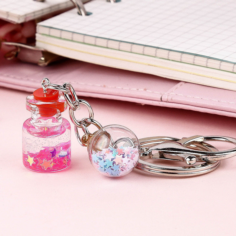 Unisex Bottle Keychain With Flower Quicksand Cute Keyring Metal Glass Accessory Individually Packed Gift Ready