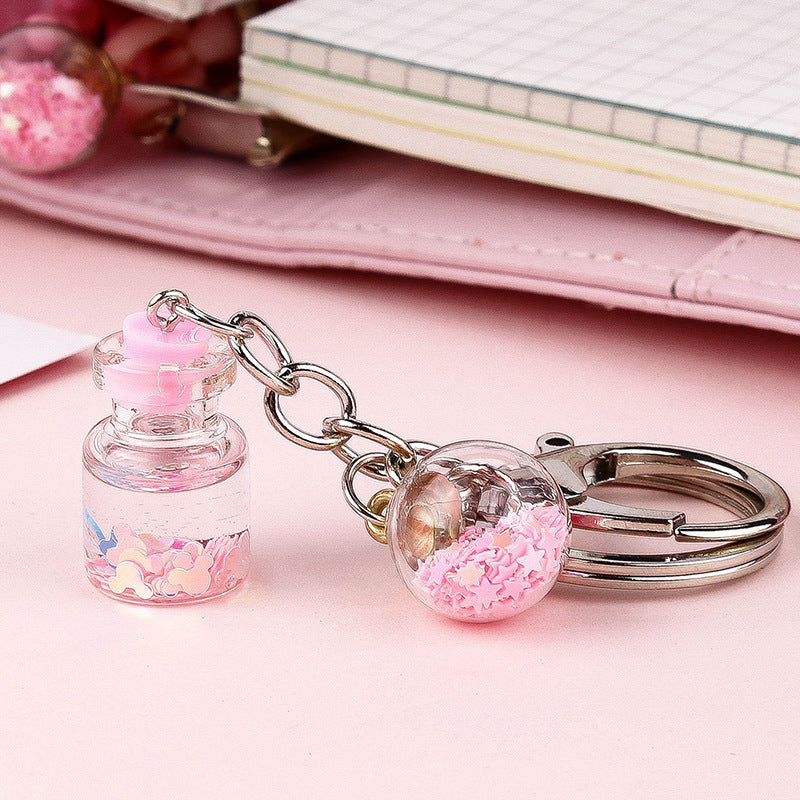 Unisex Bottle Keychain With Flower Quicksand Cute Keyring Metal Glass Accessory Individually Packed Gift Ready