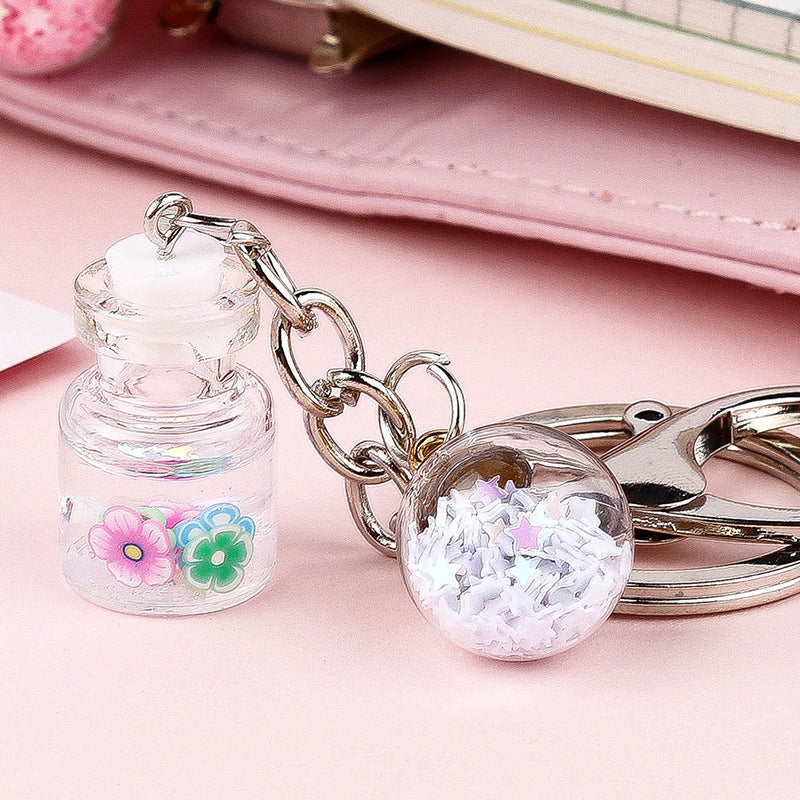 Unisex Bottle Keychain With Flower Quicksand Cute Keyring Metal Glass Accessory Individually Packed Gift Ready