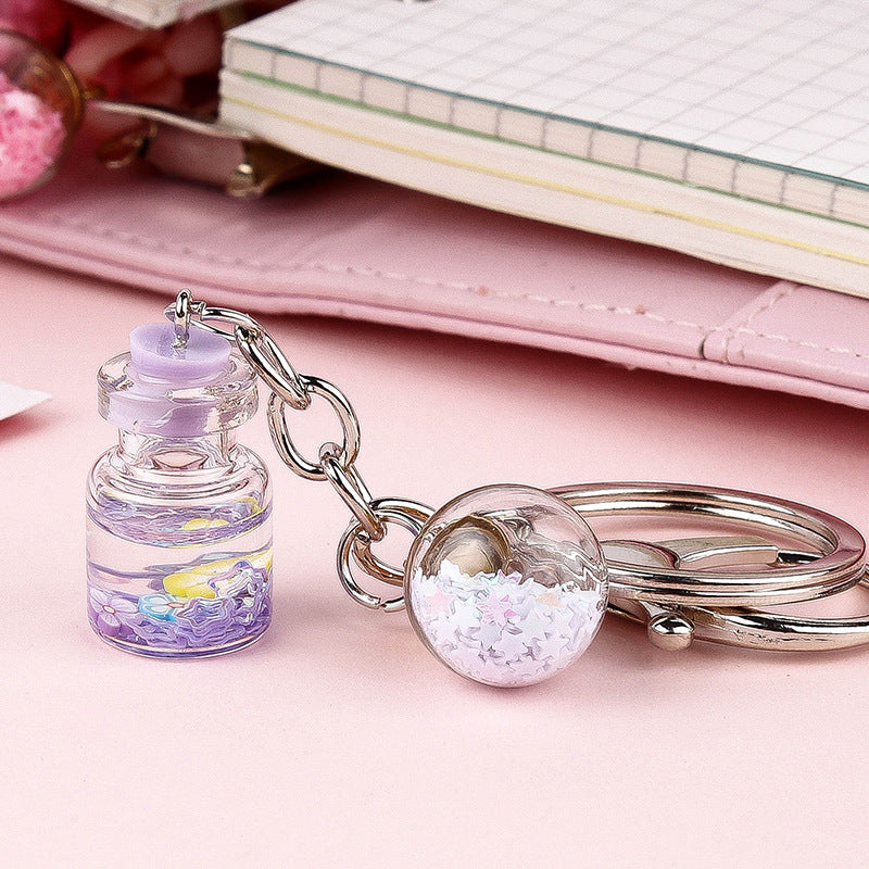 Unisex Bottle Keychain With Flower Quicksand Cute Keyring Metal Glass Accessory Individually Packed Gift Ready