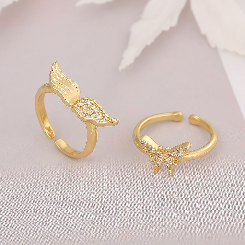 Angel Wing Ring Gold Plated Zircon Inlaid Delicate Fashion Jewelry Copper Base For Women Sparkling Zircon Accents