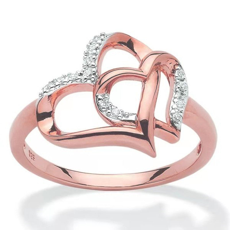 Womens Double Heart Ring Hollow Diamond Design Alloy Inlaid Gems Electroplated Individually Packed Fashionable Jewelry