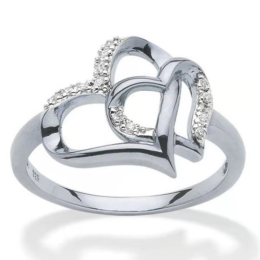 Womens Double Heart Ring Hollow Diamond Design Alloy Inlaid Gems Electroplated Individually Packed Fashionable Jewelry