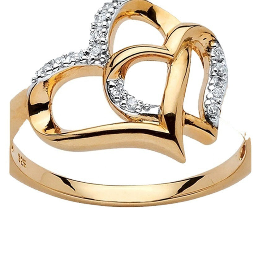 Womens Double Heart Ring Hollow Diamond Design Alloy Inlaid Gems Electroplated Individually Packed Fashionable Jewelry
