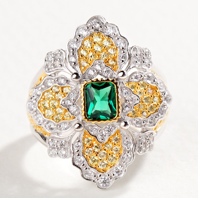 Two Tone Sterling Silver Ring With Brushed Floral Design And Gem Accents European Fashion Jewelry For Women Chic