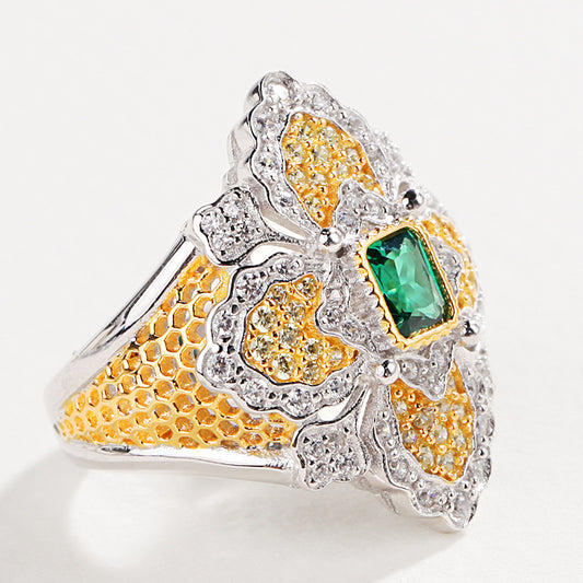 Two Tone Sterling Silver Ring With Brushed Floral Design And Gem Accents European Fashion Jewelry For Women Chic