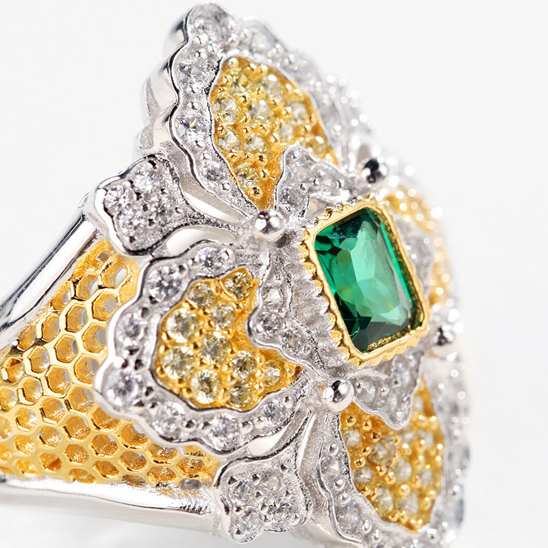 Two Tone Sterling Silver Ring With Brushed Floral Design And Gem Accents European Fashion Jewelry For Women Chic