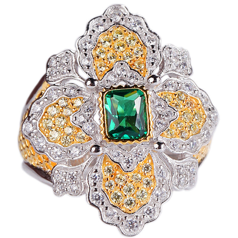 Two Tone Sterling Silver Ring With Brushed Floral Design And Gem Accents European Fashion Jewelry For Women Chic