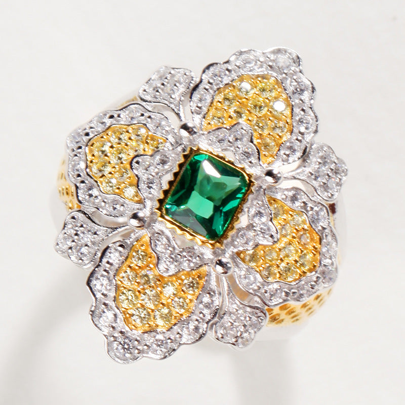 Two Tone Sterling Silver Ring With Brushed Floral Design And Gem Accents European Fashion Jewelry For Women Chic