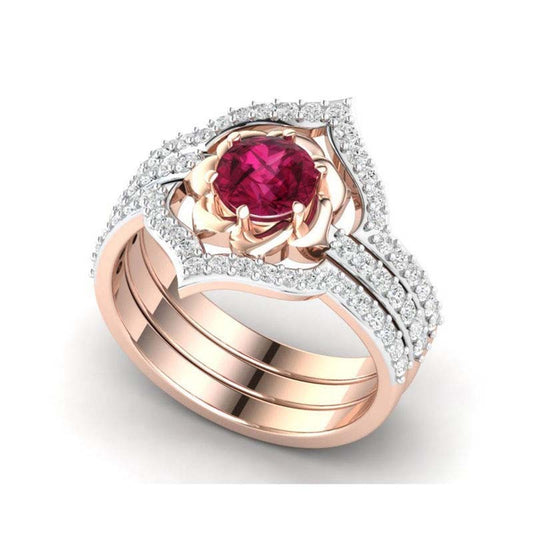 Womens Rose Gold Ruby Flower Ring With Diamond Accent Fashion Jewelry Gift For Birthday Anniversary Glam Style