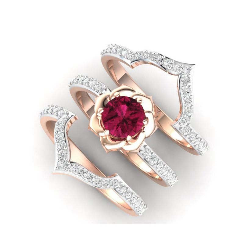 Womens Rose Gold Ruby Flower Ring With Diamond Accent Fashion Jewelry Gift For Birthday Anniversary Glam Style