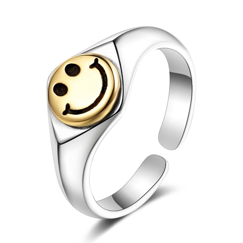 Electroplated Copper Ring Fashion Trendy Retro Forest Ring Golden Smiley Face Design Ring Copper Electroplating