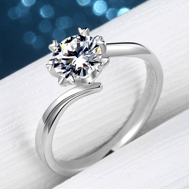 Womens Heart Ring Sterling Silver Simulated Diamond Six Claw Micro Inlay Heart Shaped Design Fashion Ring Gift