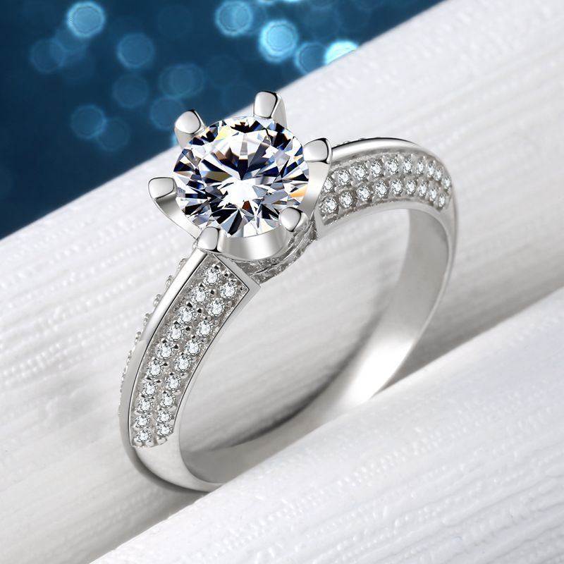 Womens Heart Ring Sterling Silver Simulated Diamond Six Claw Micro Inlay Heart Shaped Design Fashion Ring Gift