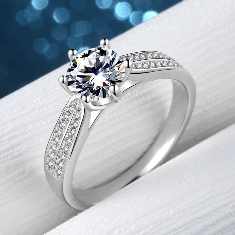 Womens Heart Ring Sterling Silver Simulated Diamond Six Claw Micro Inlay Heart Shaped Design Fashion Ring Gift