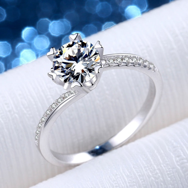 Womens Heart Ring Sterling Silver Simulated Diamond Six Claw Micro Inlay Heart Shaped Design Fashion Ring Gift