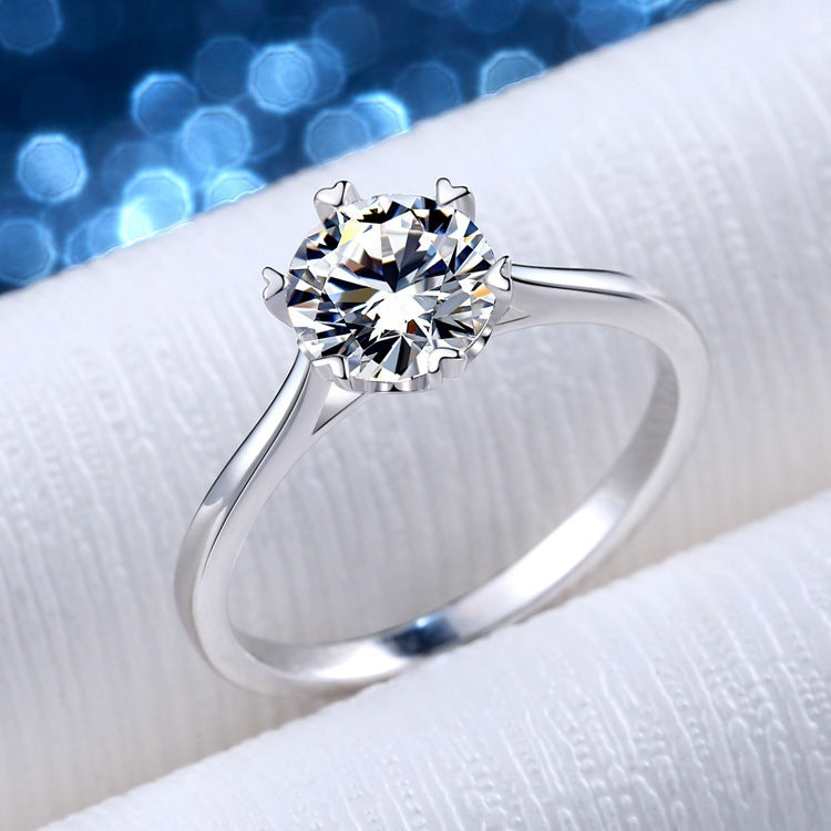 Womens Heart Ring Sterling Silver Simulated Diamond Six Claw Micro Inlay Heart Shaped Design Fashion Ring Gift