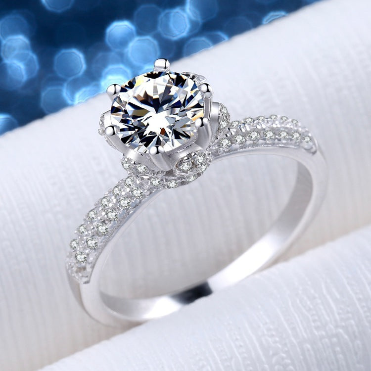 Womens Heart Ring Sterling Silver Simulated Diamond Six Claw Micro Inlay Heart Shaped Design Fashion Ring Gift