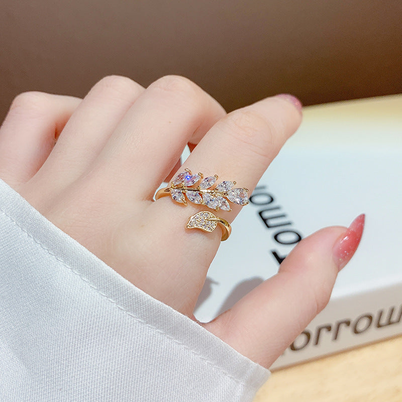 Zircon Crystal Leaf Ring For Women Real Gold Plating Open Band Korean Style Elegant Jewelry Modern Style Piece